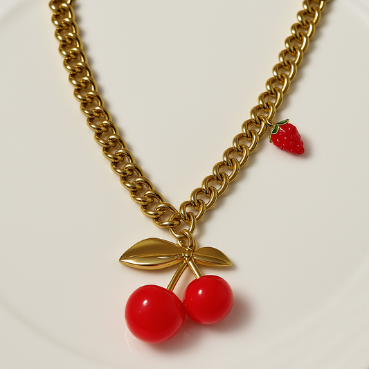Collar Cherry Pop – Cadena Dorada con Dije de Cereza y Detalle de Frutilla