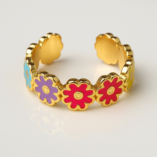 Anillo ajustable  "Flower Multicolor" Bañado en Oro – Alegría, Estilo y Versatilidad en una sola joya